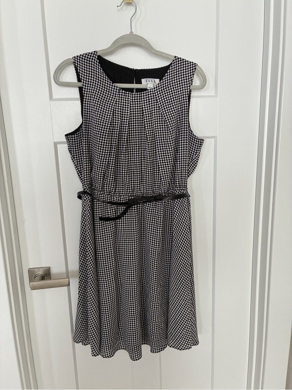 Elle Black & White Gingham Sleeveless Dress With Black Patent Bow Belt